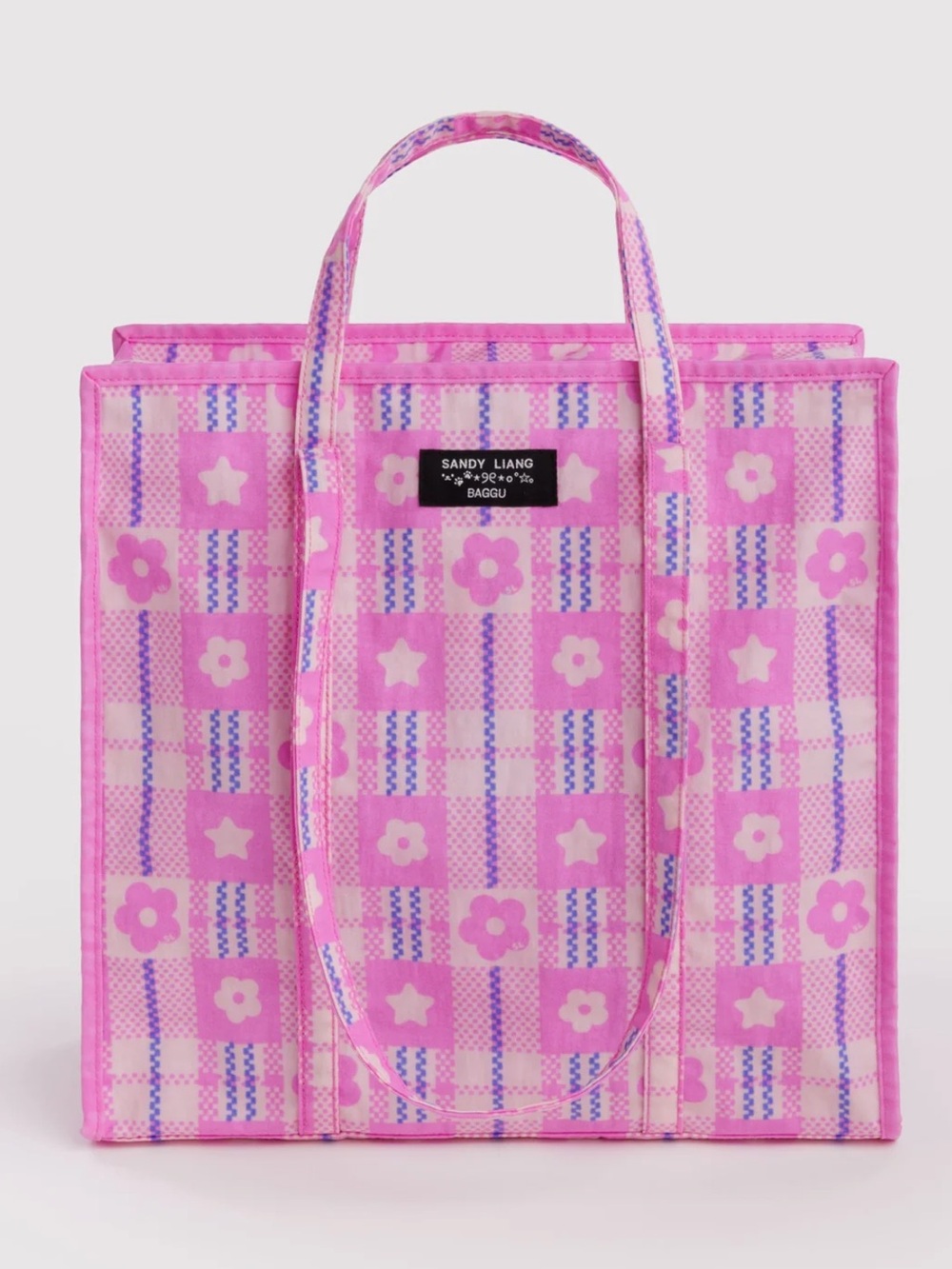 Baggu x Sandy Liang Large Nylon Market Tote in Market Plaid Pink